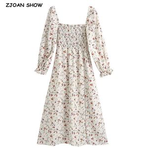 Spring Retro Floral Print Women Midi Dress Woman Vintage French Square Collar Chiffon Split Long sleeve Dresses Holiday 210429