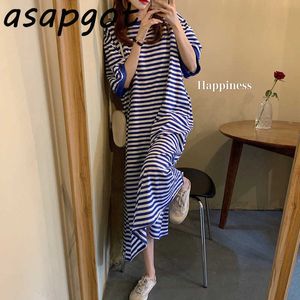 Cotton O Neck Short Sleeve Blue Striped Dress Women Casual Loose Plus Size Black Striped Tshirts Dress Vestidos Fashion Wild 210610