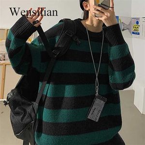 Autunno maglione a righe lavorato a maglia donna pullover casual verde oversize maglione teenager Gril streetwear autunno 211007