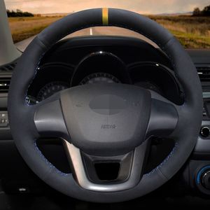 DIY Hand stitched Black Suede Car Steering Wheel Cover For Kia K2 Rio Parts