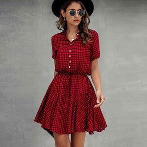 Frauen Mini Shirt Kleid Sommer Plaid Snake Print V-ausschnitt Kurzarm Knopf Geraffte Kurzes Kleid Damen Spitze Up büro Kleider 210507