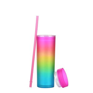 16oz Straws ile Düz Sıska Tumbler Gökkuşağı Renk Degrade Tumblers Çift Duvar Plastik Kupa Kullanımlık Kupası