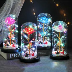 Eternal Rose Rose Forever Beauty and Beast Rose em Flask Led Rose Flower Light Glass Dome Dome das Mães Presente de Casamento Decoração Home Q0812