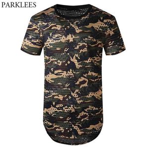 Camouflage Ripped Longline T-shirt Men Hip Hop Long Mens T Shirts Casual Hipster T-shirt för män Tee Shirt Homme 2XL 210522