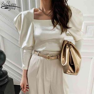 Coreano elegante colletto quadrato Slim Wild Bubble manica lunga camicia inferiore in velluto lucido donna bianco top di seta femminile 12908 210427