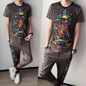 M-5XL Tute da uomo Luxury Retro Print Casual Maglietta a maniche corte Pantaloni 2 pezzi Set Abbigliamento streetwear da uomo Jogger Tuta sportiva 210527