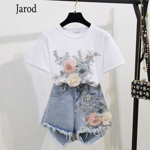 Yaz Kadın 2 Parça Setleri Vintage Boncuk Nakış 3D Çiçek T-shirt + Denim Şort Takım 210518