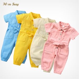 Bebé Menino Menina Romper Jean Criança Criança Botão Jumpsuit Curto Verão Casual Verão Primavera Roupas 1-6Y 220211