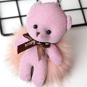 Cortoon Bow Fabric Bear Keyring Pom Fluffy Fox Fur Women Bag Pendant Gift Accessories Toys Doll Clef Charm Keychain
