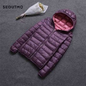Sedutmo Winter Plus 크기 3XL Duck 다운 코트 여성 후드 2 사이드 착용 자켓 울트라 라이트 코트 봄 Puffer Jacket ED616 210819