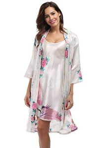 2 stycke set kvinnor silke påfågel kimono robes sexig underkläder bröllopsfest brudtärna robe satin nattklänning badrock pijam 210924