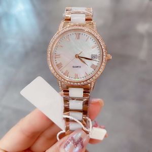 Women Geometric Roman number Wristwatch Minimalist Rhinestone Ceramic Quartz watches Ladies Mother of pearl dial Date Clock 32mm