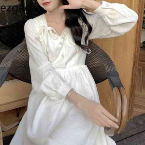 Ezgaga vestido elegante mulheres v-pescoço Coração coreano chique manga longa cintura alta primavera vintage macio feminino vestidos vestidos 210430