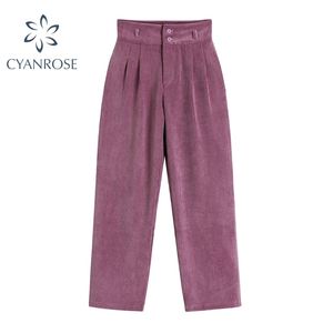 Streetwear byxor Kvinnor Harajuku Rosa Wide Ben Corduroy Vintage Disco Ladies Spring Retro Zipper Button Trousers 210515