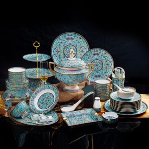Royal Palace servis uppsättningar Bone China 86 stycken kinesisk ljusblå klassisk emalj middag set tallrikar rätter pot skål sked bordsartiklar kök tillbehör