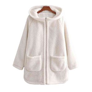 Casual Woman Loose Beige Lambswool Hooded Coat Fashion Ladies Winter Oversized Warm Outwear Kvinna Zipper Jackor 210515