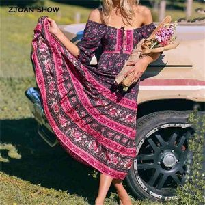 Bohemian Bandage Justera Slash Collar Floral Print Dress Boho Holiday Woman Short Sleeve Off Shoulder Lång Klänningar 210429