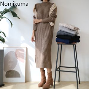 Nomikuma Yarım Balıkçı Yaka Bükülmüş Örme Elbiseler Sonbahar Kış Kadın Baisc Elbise Nedensel Düz Bölünmüş Vestido Femme 6C634 210427