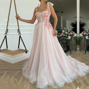 Sexig Blush Pink Prom Klänningar 2021 Spaghetti Straps Blommor A-Line Girl Party Dress För Graduation Sweet Long Tulle Evening Gowns Robe de Soire