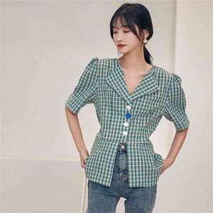 Hollow Out Chic Wide-shoulder Bubble Sleeve Plaid Shirt Female Summer Retro Single-breasted Blouse Plus Size 210601
