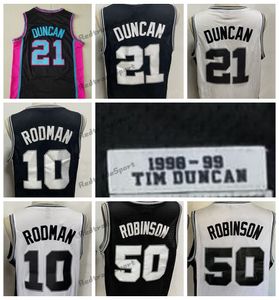 Erkek Vintage 1998-1999 Tim 21 DuncanS Basketbol Formaları David 50 Robinson Dennis 10 Rodman Siyah Dikişli Gömlek S-XXL