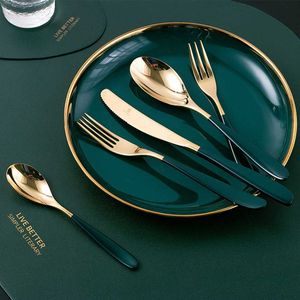 crescent shape craft cutlery gold style green knife stainless steel fork spoon tableware set eco friendly X0703