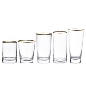 Vintage ribbade dricksglasögon Set Gold Rim Clear Glass Water Wine Carafe Old Fashioned Highball Tumbler for Home Bar Hotel