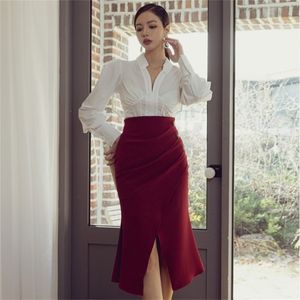 Bahar Moda Suits kadın Zarif Uzun Kollu Bluz Gömlek + Fishtail Çanta Kalça Etek Takım Elbise İki Adet Setleri 210603