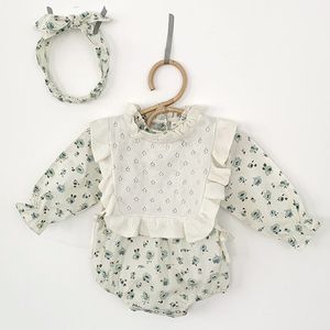 Vår Höst Kids Girl Floral Rompers + Hårband Infant Baby Bödd Kläder 210429