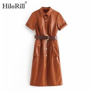 女性ストリートウェアソリッドPUレザードレスプリーツ半袖サッシ膝丈ドレスダウンカラーポケットvestido 210508