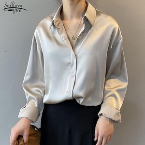 Damskie Bluzki Koszule Vintage Biały Z Długim Rękawem Topy Panie Eleganckie Koreańska Koszula Biurowa Moda Przycisk Satynowa Jedwabna Bluzka Kobiety 11355