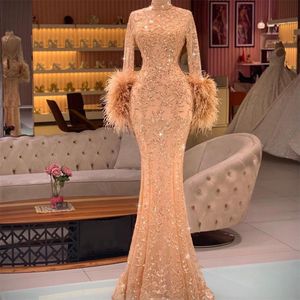 Elegant 2022 Women's Evening Dress with Feathers Long Sleeve Lace Sequined Prom Gowns Sexy Mermaid Vestido De Novia