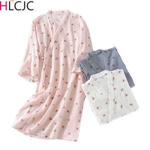 Roupas de quimono japonesa para mulheres 100% algodão Grepe Bathrobe Spring Outono Sleepwear de manga comprida Plus Size Dress Vestido 210901