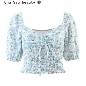 Moda Doce Chic Cópia Floral Crop Tops Mulheres Estilo Elástico Cintura Elástica Profunda V-Pescoço Blusas Curtas Feminino Top de Moda 210508