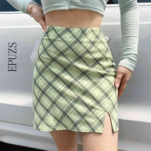 Sexig Bodycon Green Plaid Kjolar Kvinnor Split High Waist Kjolar För Vintage Kvinna Mini Skirt 210521