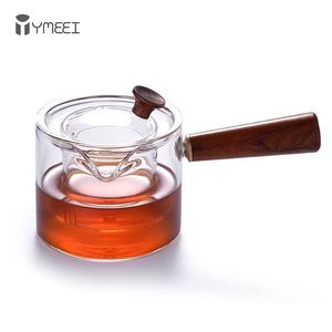 YMEEI 500 ml handgefertigte hitzebeständige Glas-Teekannen-Infuser-Topf mit kochendem Kesselkaffee-Puer aus Holzgriff 210621