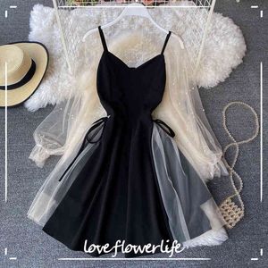 LoveFlowerLife Summer Casual Solid Sexy Dress V Neck A Line Puff Sleeve High Waist Knee-Length Women Dresses 210521