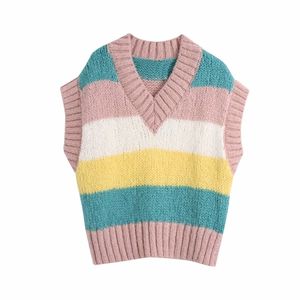 Sweet Woman LooseColorful Stripe Patchwork Knitted Vest Spring Casual V Neck Knitwear Girls Cute Macaron Sweaters 210515