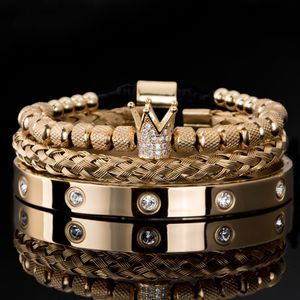 3pcs / set de luxe micro pavée cz couronne romaine royal charme hommes bracelets en acier inoxydable cristaux bracelets couple couple bijoux