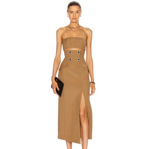 Kvinnor Kläder Set Sexig Designer Split Khaki Två Pieces Party High Street Celebrity Bandage Stropless Top Midi Skirts 210527