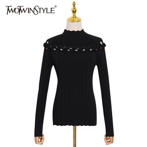 TWOTWINSTYLE Twist Hollow Out Slim Sweater For Women Turtleneck Long Sleeve Black Chic Knitted Tops Female Fashion Clothing 210517