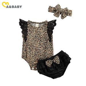 0-18m född toddler baby flicka kläder set söt leopard spets ärm rompers båge bloomer shorts outfits sommar kostymer 210515
