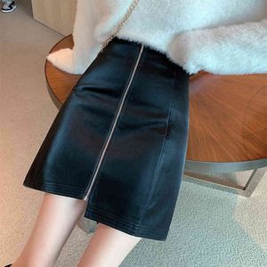 Lucyever Fashion Side Zipper PU Gonne in pelle Women Women Corean Empire Slim All Match A-Line Woman Punk in stile Black Mini Gonna Black 210521