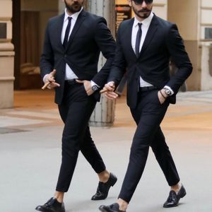 Classy Black Wedding Tuxedos Mens Suits Slim Fit Peaked Lapel Prom Bestman Groomsmen Blazer Dinner Party Business Designs Two Piece Set (Jacka + Byxor)