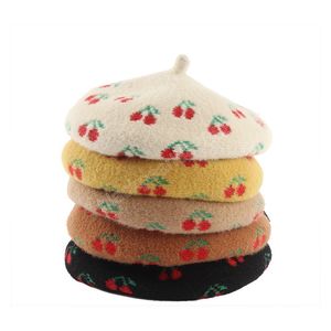 Winter Soft Baret Women Cute Cherry Fruit Print Faux Wool Beret Retro Outdoor Newsboy Hat Warm French Painter Hats Gorras