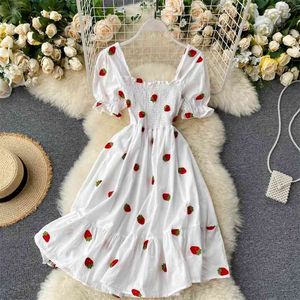 Mulheres A-Line Curto Dress Summer Sweet Girl usa colarinho quadrado Stretch Slim bordado ML1027 210506