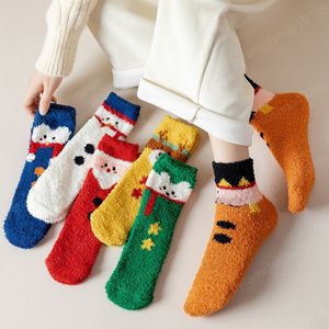 Women Coral Fleece Christmas Socks Winter Warm New Year Santa Claus Christmas Tree Stripes Colorful Kawaii Coral Wool Socks