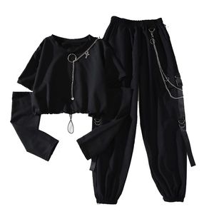 Spring Autumn Women Harajuku Cargo Pants Handsome Cool Two-piece Suit Chain Long Sleeve+Ribbon Pants 210706