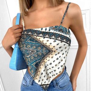 Womens Y2k Satin Corset Crop Print Sexy Backless Camisole Bandana Tank Tops Summer Lady Sling Strap Club Vest