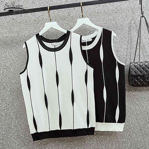 Big MM trägt ärmelloses Pullover-Oberteil, große Damen-Sommer-Rundhalsausschnitt, kontrastierende, gestreifte Eisseidenweste, Tanktops, Blusas 14333 210521